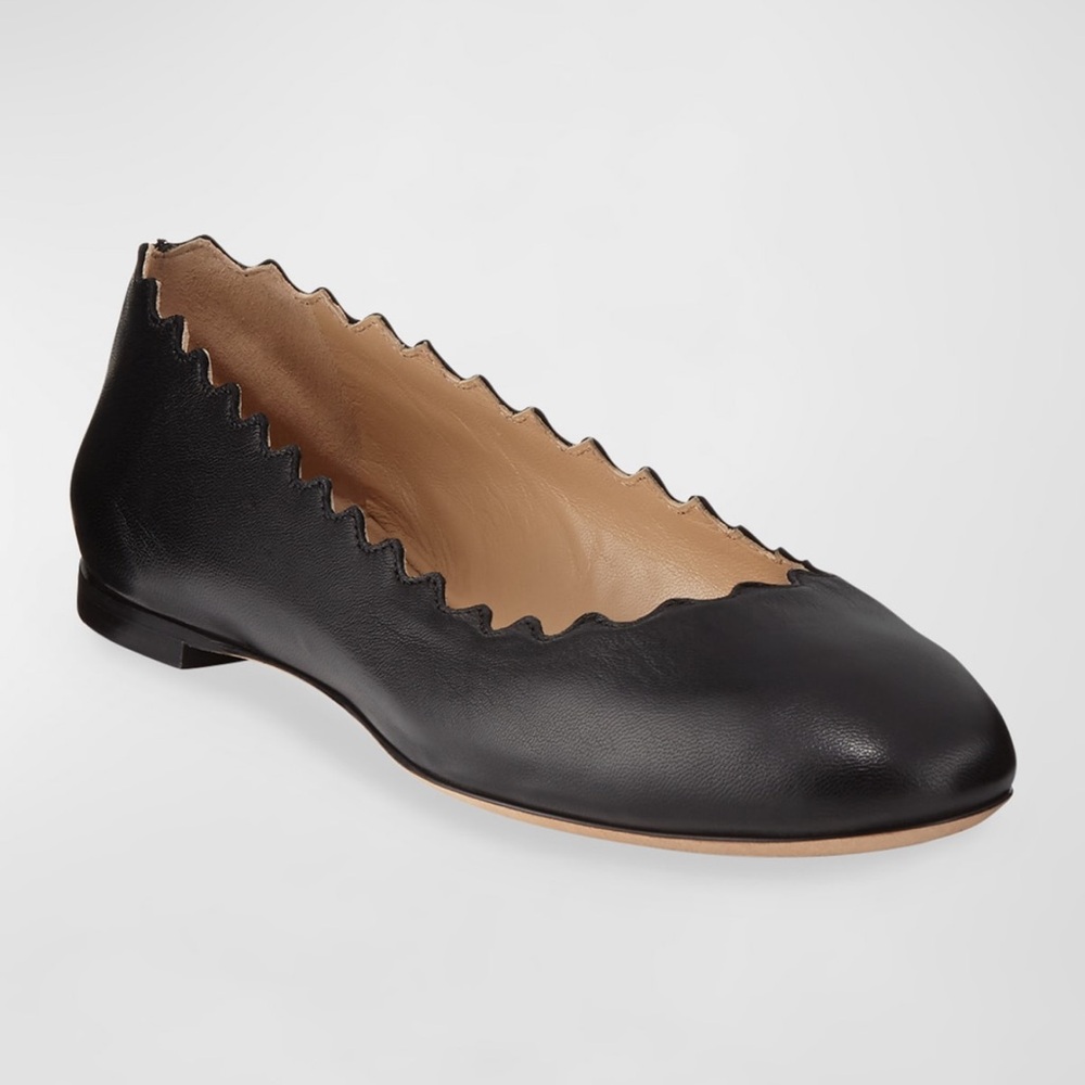 Chloe Leather Scalloped Edge Flat - Black